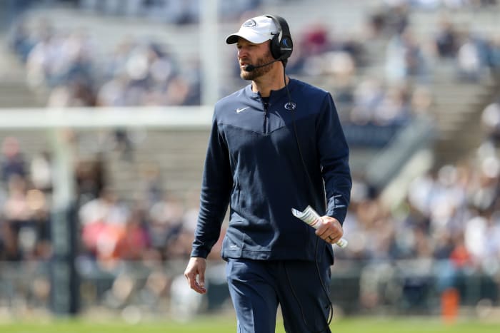 Penn State offensive coordinator Mike Yurcich, pictured during the 2023 Blue-White Game, will call plays from the coaches' booth this season.